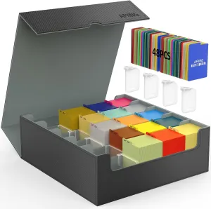 AFIING 4-Row Trading Card Storage Box – Holds 3200  Cards, 48 Dividers & 4 Stoppers, Card Deck Box for MTG TCG Sports Cards – Includes 1 Dice Bag(Black Grey)