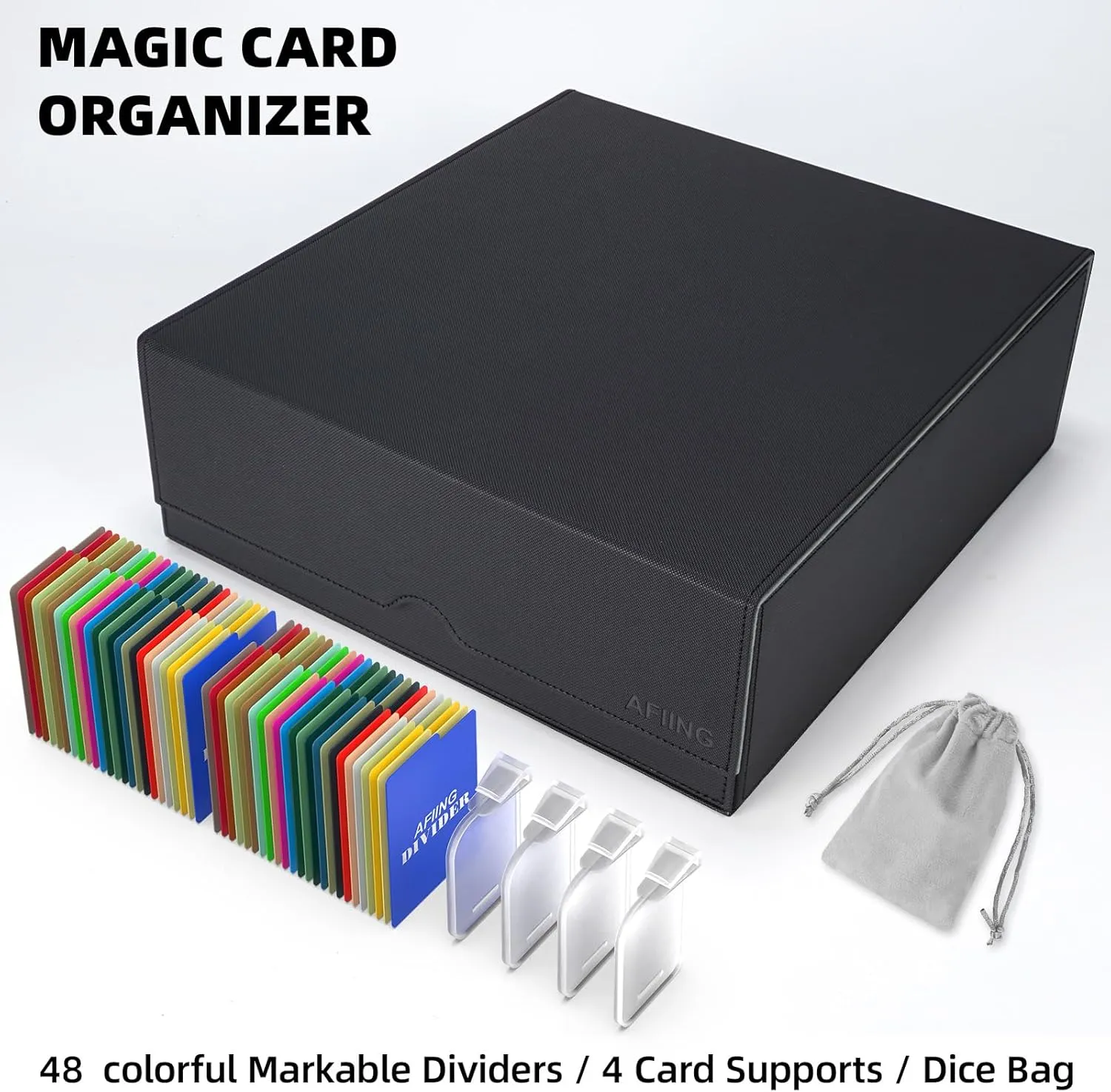 AFIING 4-Row Trading Card Storage Box – Holds 3200  Cards, 48 Dividers & 4 Stoppers, Card Deck Box for MTG TCG Sports Cards – Includes 1 Dice Bag(Black Grey)