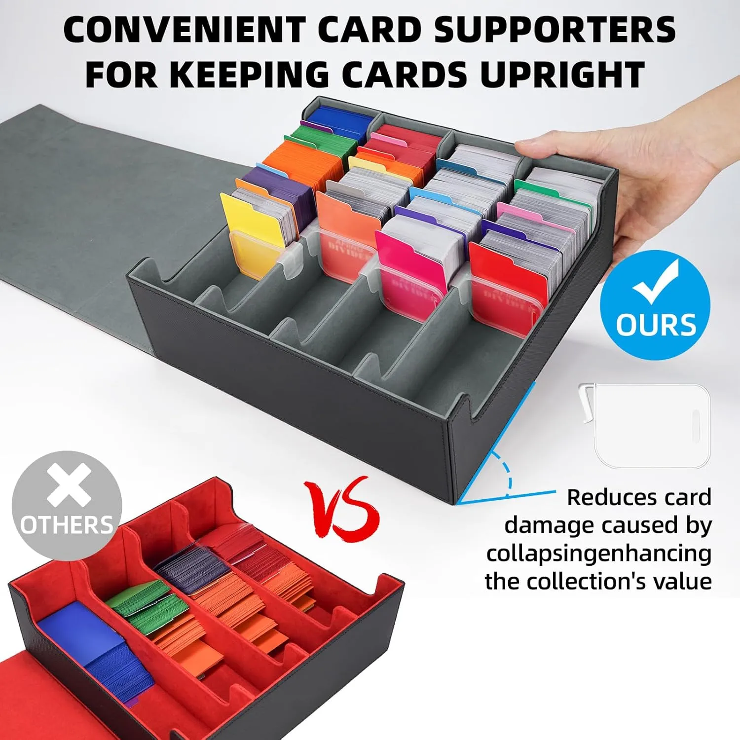 AFIING 4-Row Trading Card Storage Box – Holds 3200  Cards, 48 Dividers & 4 Stoppers, Card Deck Box for MTG TCG Sports Cards – Includes 1 Dice Bag(Black Grey)