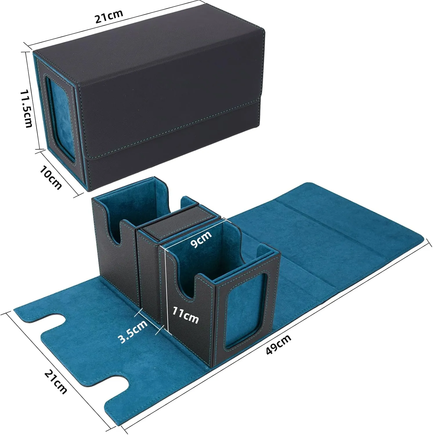 AFIING MTG Commander Card Storage Box - Fits 200 Double Sleeved Cards,3-in-1Card Deck Case,Strong Magnet Card Organizer For Magic Commander TCG CCG,4Dividers &2 Toploaders, Black/Cyan