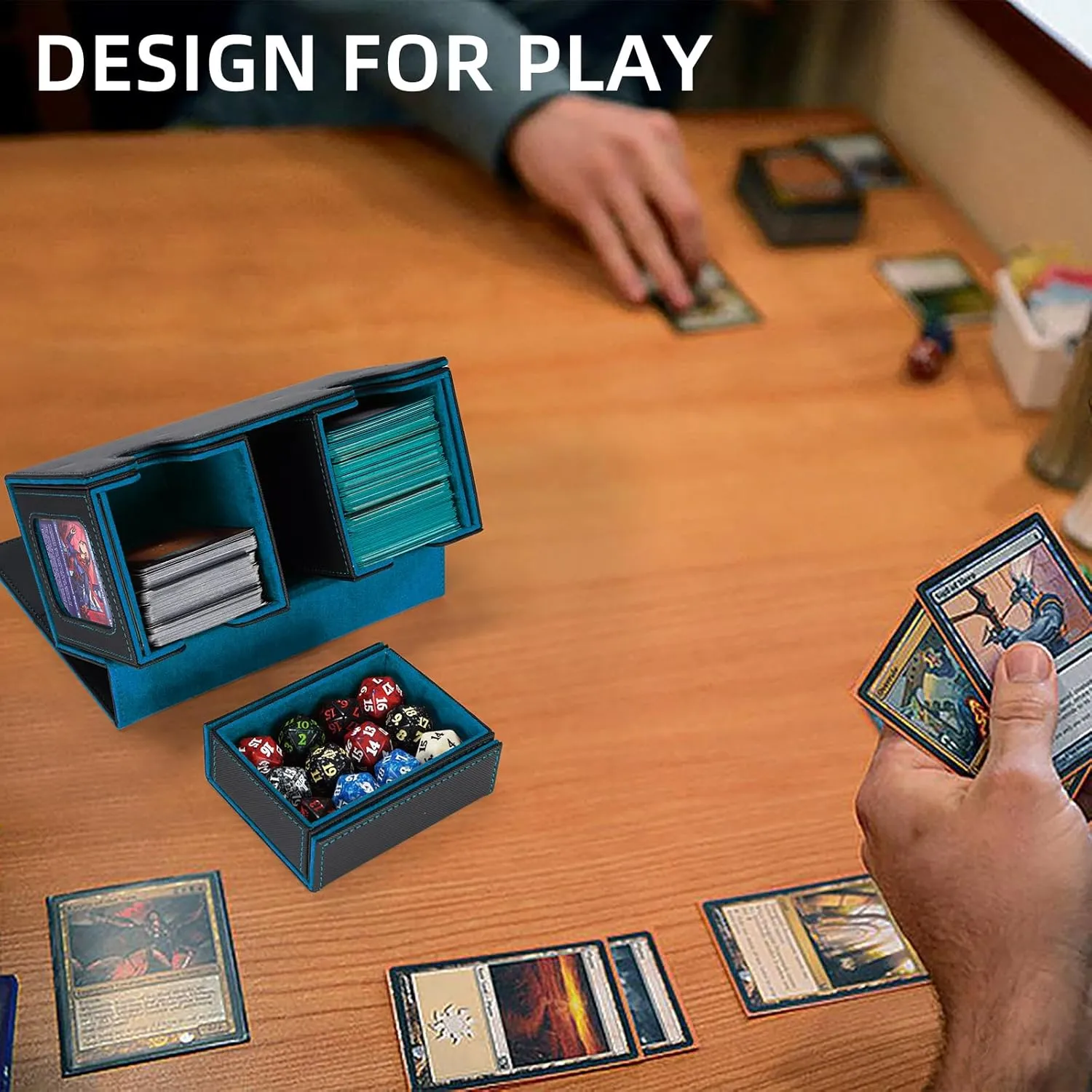 AFIING MTG Commander Card Storage Box - Fits 200 Double Sleeved Cards,3-in-1Card Deck Case,Strong Magnet Card Organizer For Magic Commander TCG CCG,4Dividers &2 Toploaders, Black/Cyan