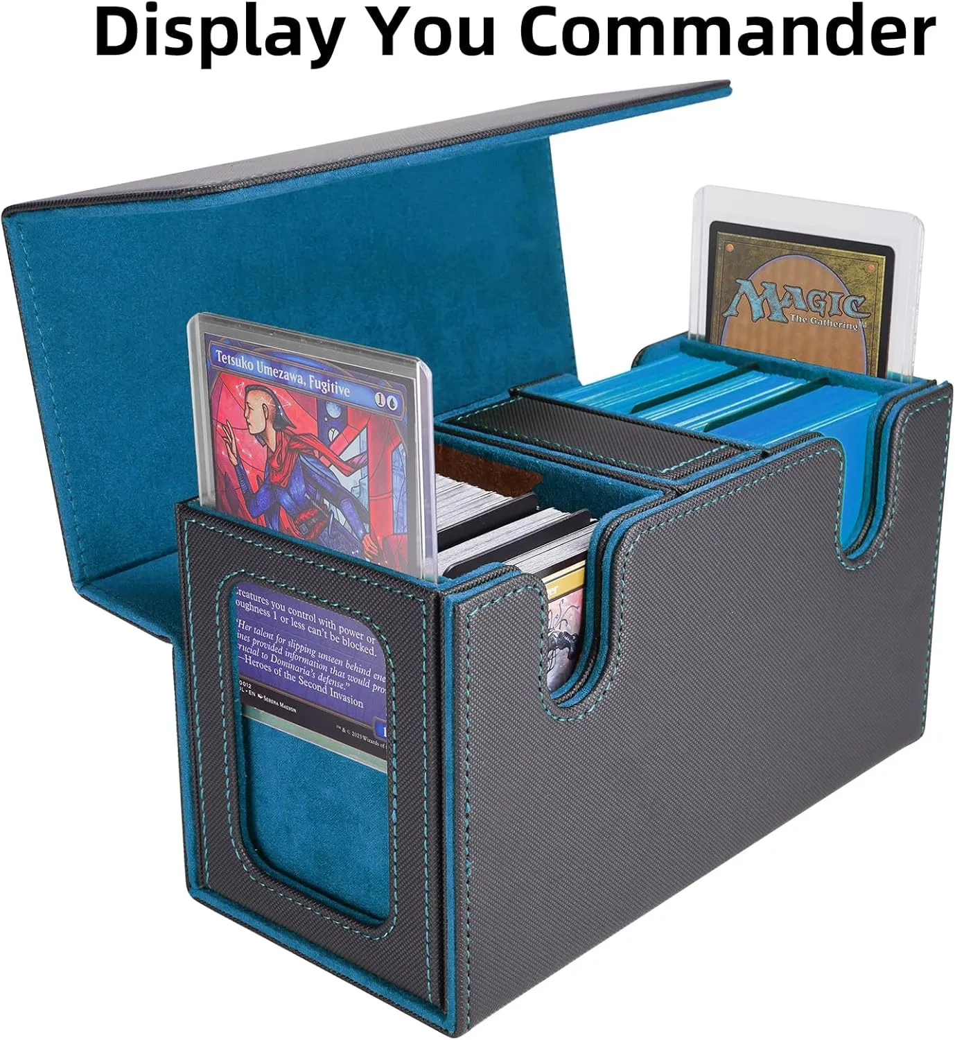AFIING MTG Commander Card Storage Box - Fits 200 Double Sleeved Cards,3-in-1Card Deck Case,Strong Magnet Card Organizer For Magic Commander TCG CCG,4Dividers &2 Toploaders, Black/Cyan