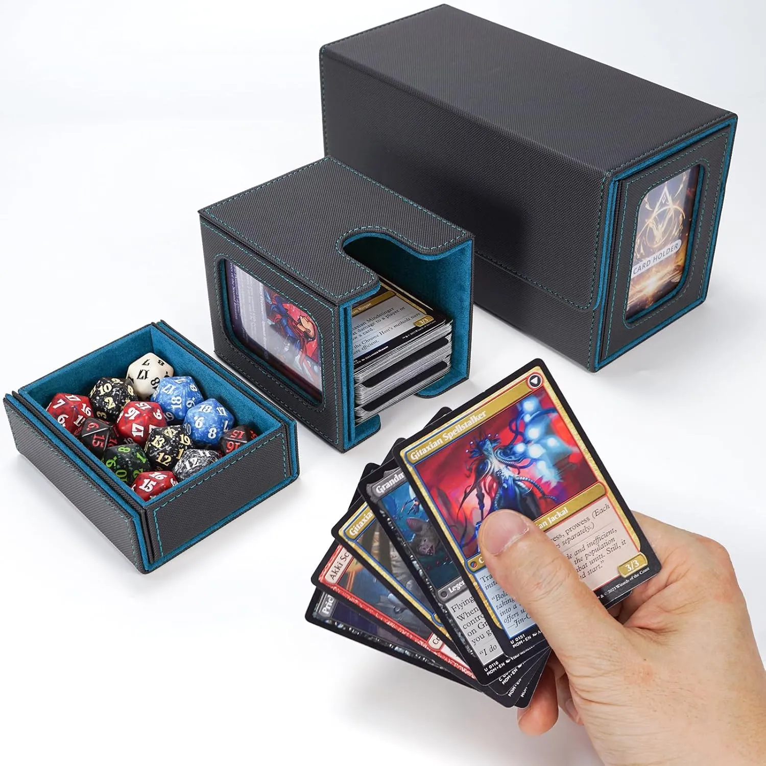 AFIING MTG Commander Card Storage Box - Fits 200 Double Sleeved Cards,3-in-1Card Deck Case,Strong Magnet Card Organizer For Magic Commander TCG CCG,4Dividers &2 Toploaders, Black/Cyan