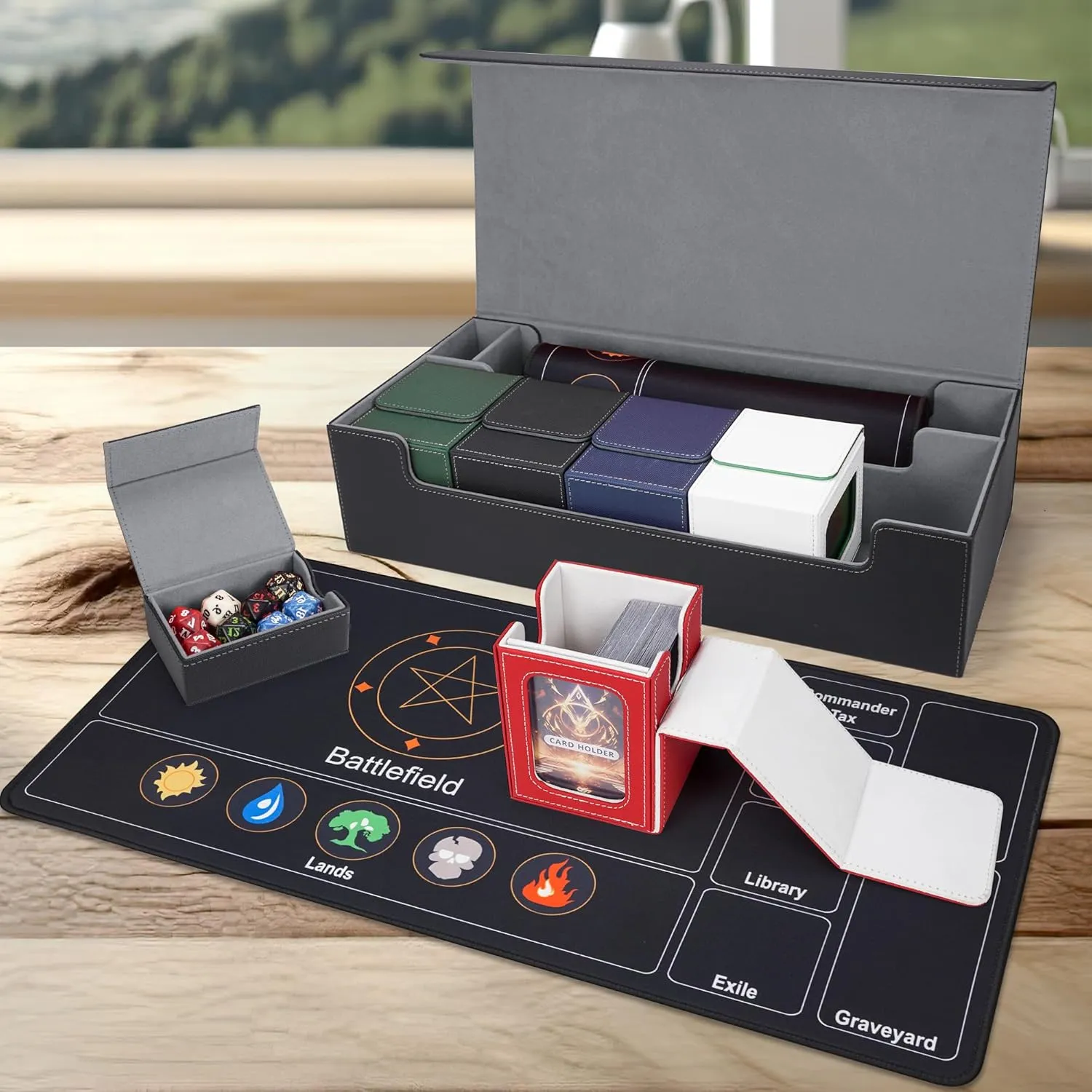 AFIING MTG Deck Box 6 In1 with MTG Playma,Premium Card Storage Box with 5 Pcs MTG Deck Box Holds 2400  Trading Cards, Large TCG Card Deck Case for Magic Yugioh Sports Cards (Black&Grye)