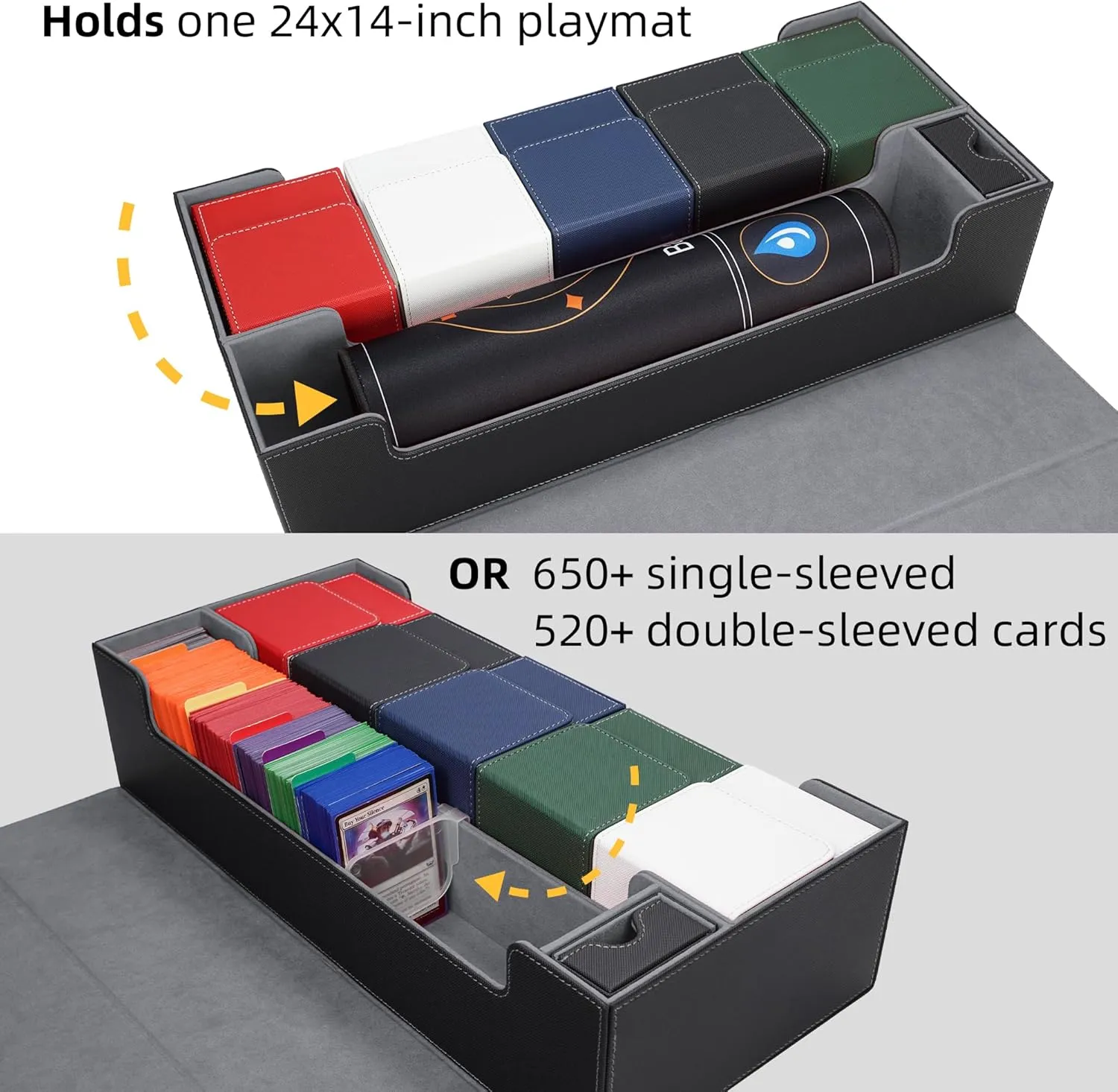 AFIING MTG Deck Box 6 In1 with MTG Playma,Premium Card Storage Box with 5 Pcs MTG Deck Box Holds 2400  Trading Cards, Large TCG Card Deck Case for Magic Yugioh Sports Cards (Black&Grye)