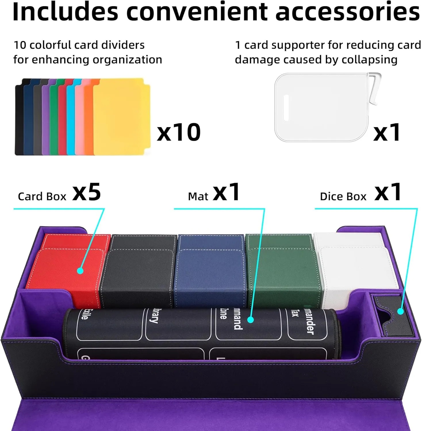 AFIING MTG Deck Box 6 In1 with MTG Playma,Premium Card Storage Box with 5 Pcs MTG Deck Box Holds 2400  Trading Cards, Large TCG Card Deck Case for Magic Yugioh Sports Cards (Black&Purple)