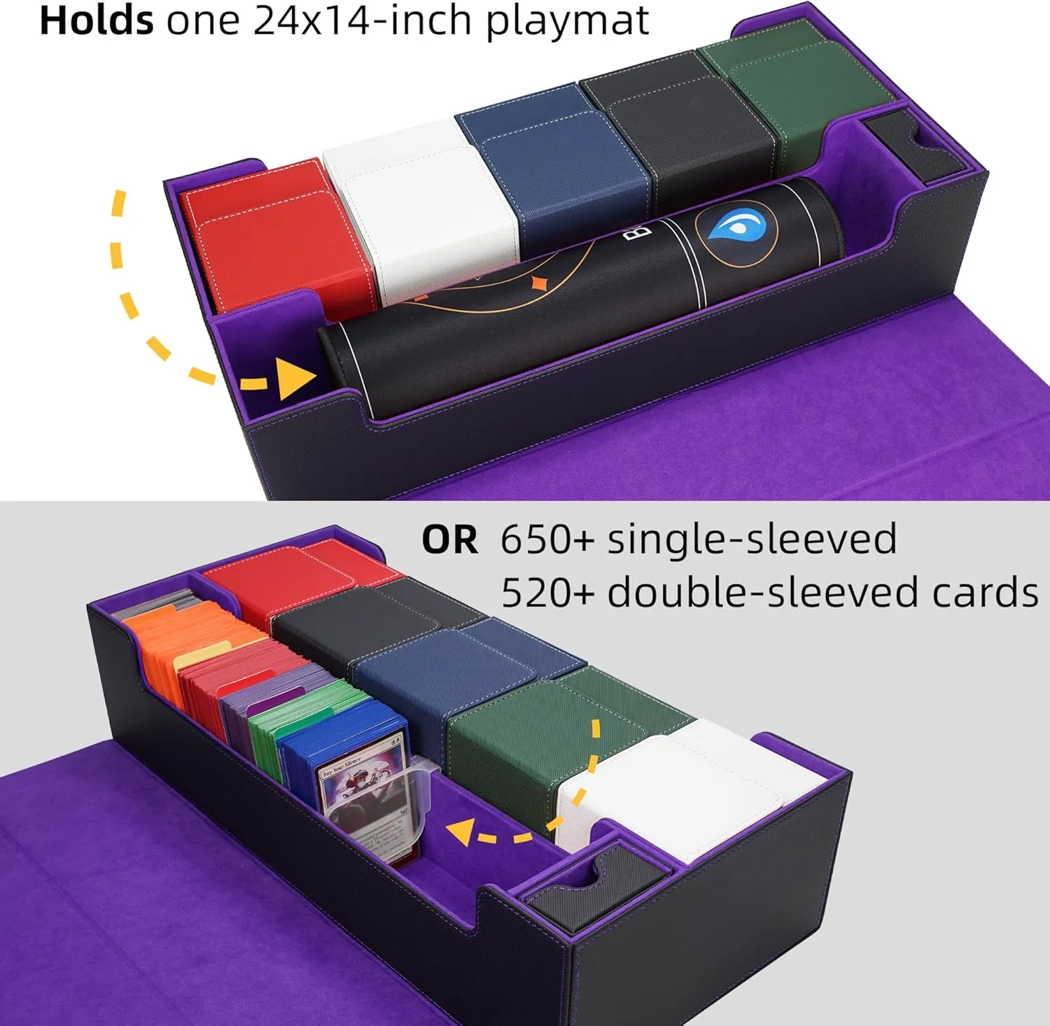 AFIING MTG Deck Box 6 In1 with MTG Playma,Premium Card Storage Box with 5 Pcs MTG Deck Box Holds 2400  Trading Cards, Large TCG Card Deck Case for Magic Yugioh Sports Cards (Black&Purple)