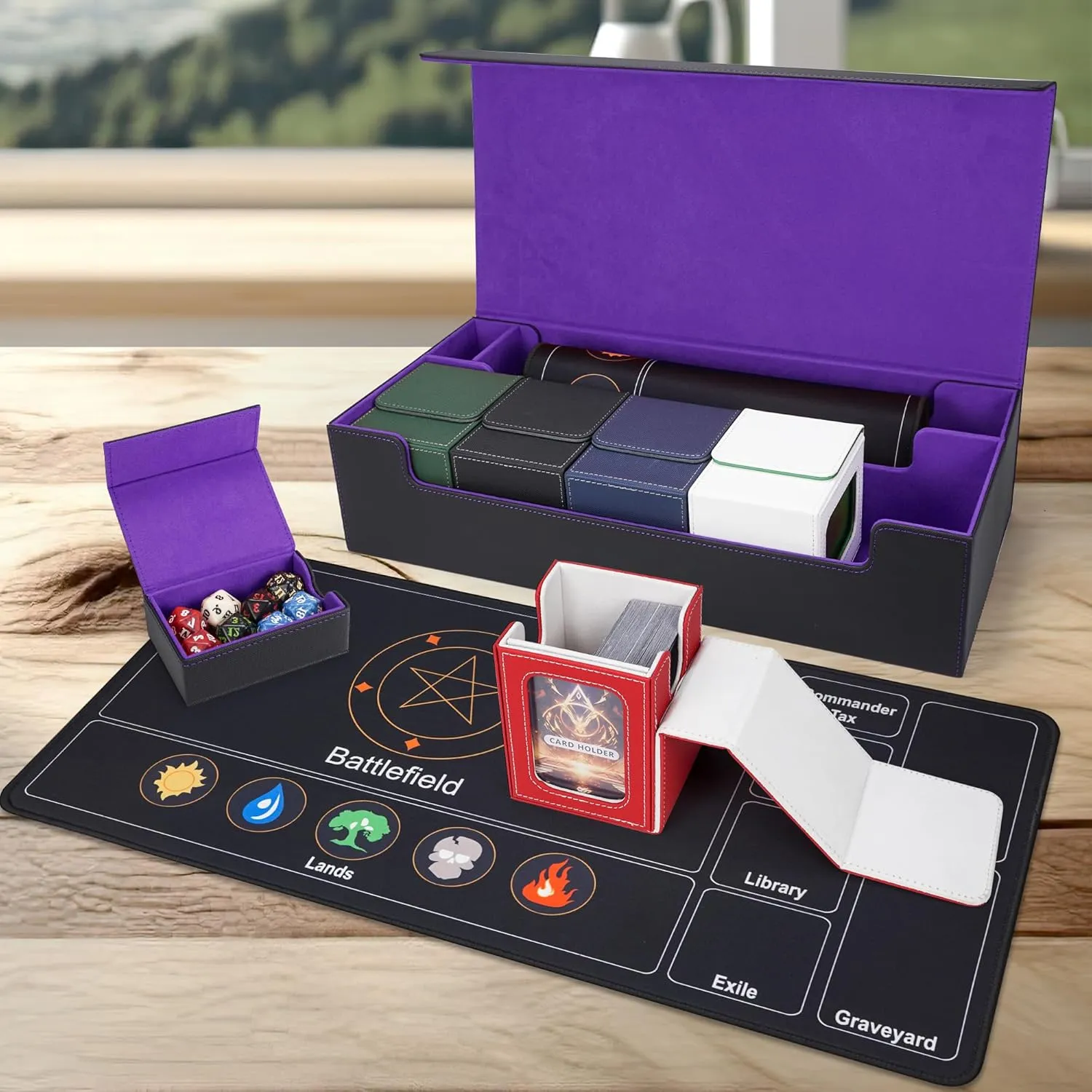 AFIING MTG Deck Box 6 In1 with MTG Playma,Premium Card Storage Box with 5 Pcs MTG Deck Box Holds 2400  Trading Cards, Large TCG Card Deck Case for Magic Yugioh Sports Cards (Black&Purple)