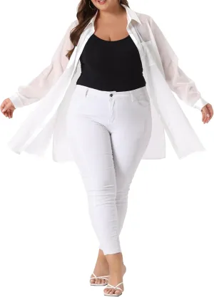 Agnes Orinda Plus Size Women's Long Sleeves Button Down Solid Sheer Blouses Tops Shirts 2023