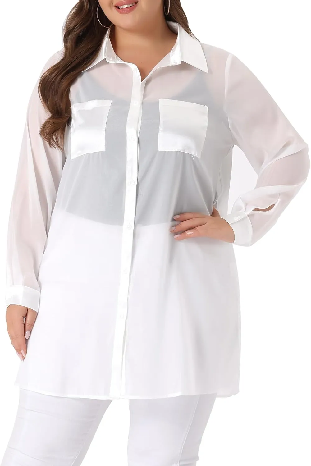 Agnes Orinda Plus Size Women's Long Sleeves Button Down Solid Sheer Blouses Tops Shirts 2023