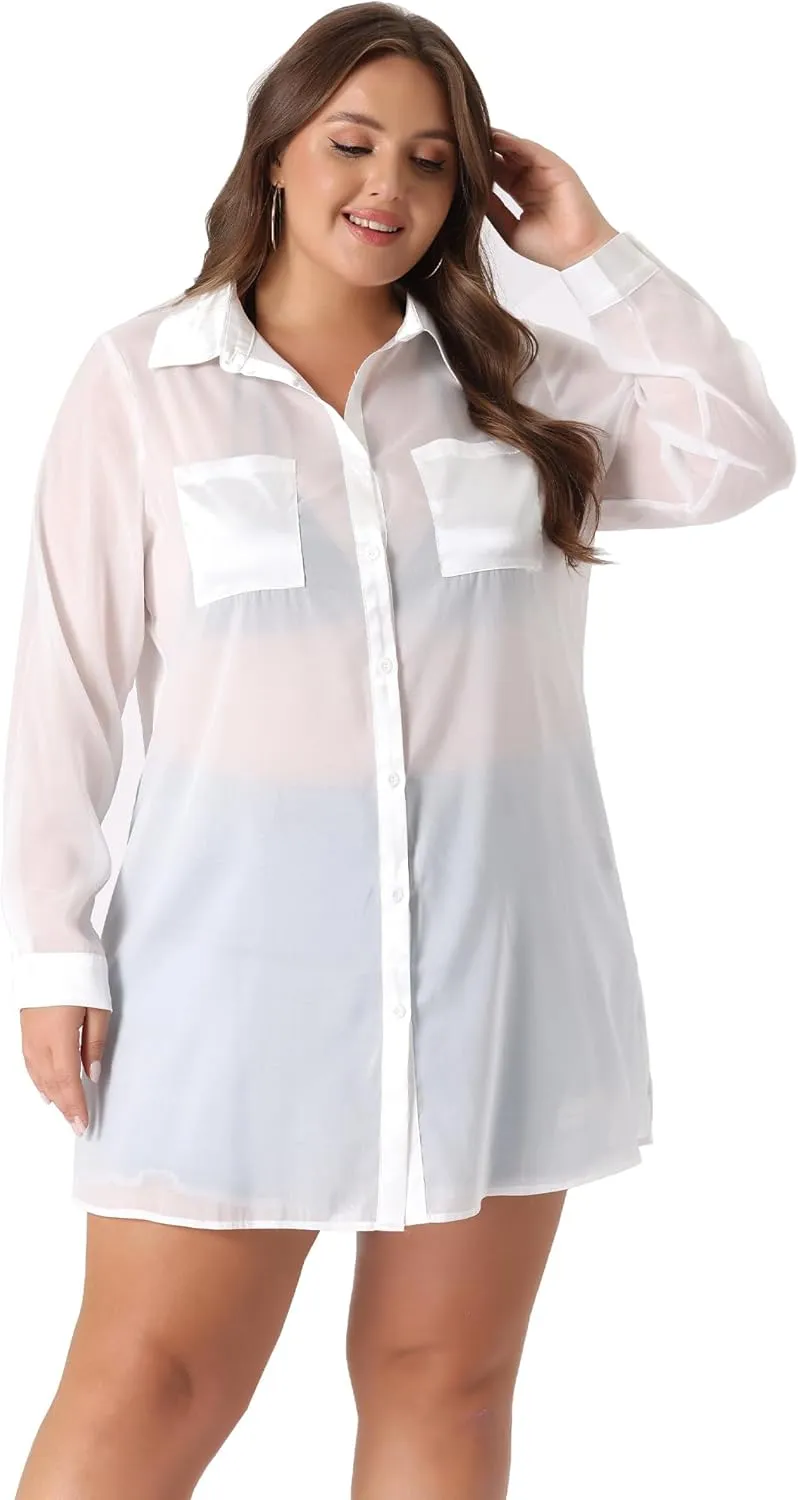 Agnes Orinda Plus Size Women's Long Sleeves Button Down Solid Sheer Blouses Tops Shirts 2023