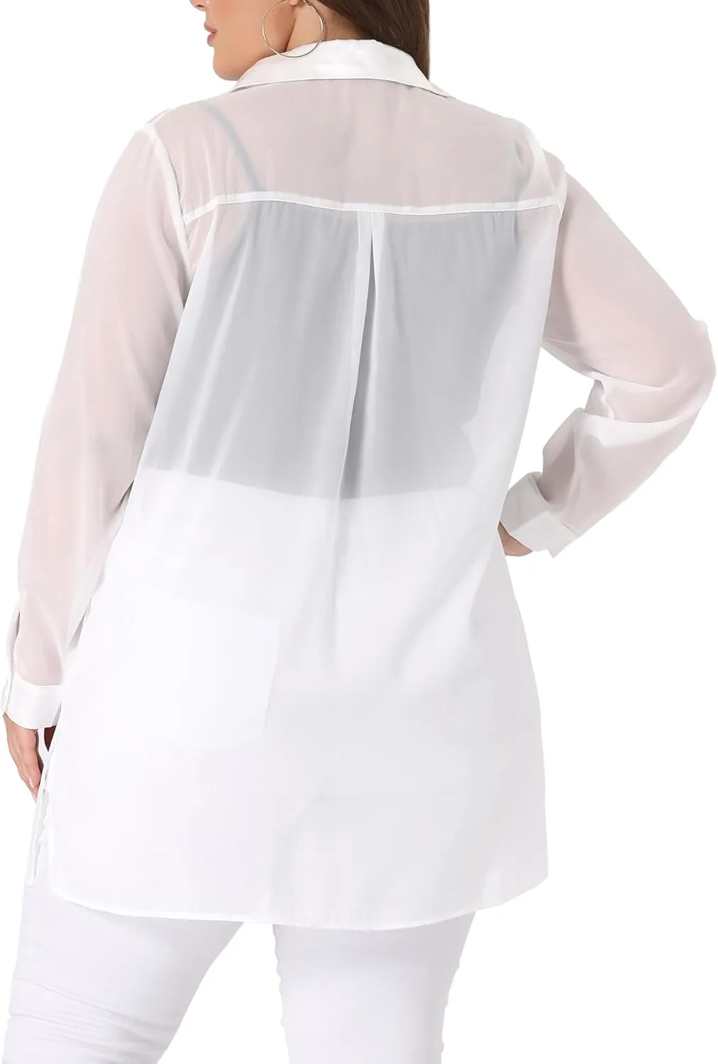 Agnes Orinda Plus Size Women's Long Sleeves Button Down Solid Sheer Blouses Tops Shirts 2023