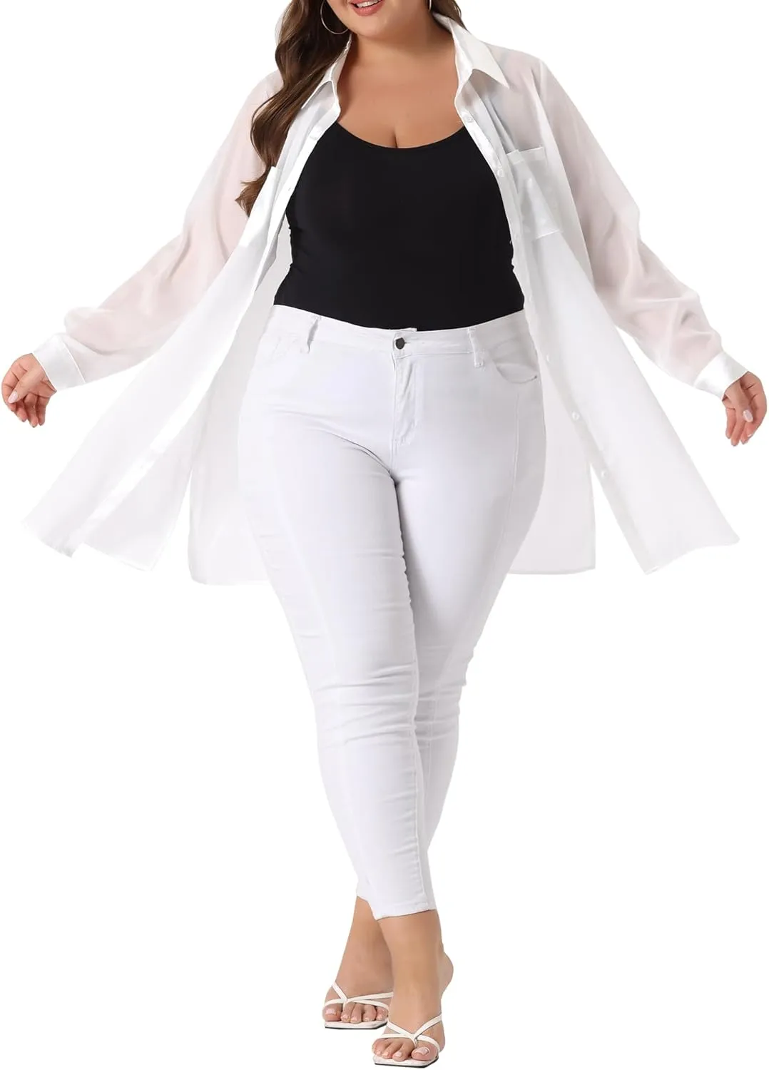 Agnes Orinda Plus Size Women's Long Sleeves Button Down Solid Sheer Blouses Tops Shirts 2023