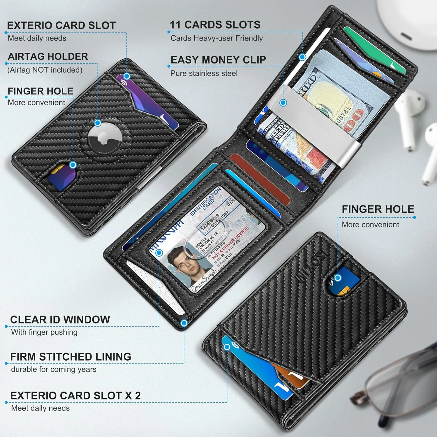 Airtag Wallet for Men,with Money Clip 11 Cards Slim Front Pocket Leather RFID Blocking Wallet with Gift Box