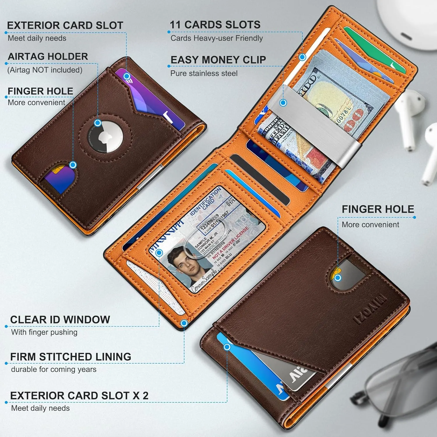 Airtag Wallet for Men,with Money Clip 11 Cards Slim Front Pocket Leather RFID Blocking Wallet with Gift Box