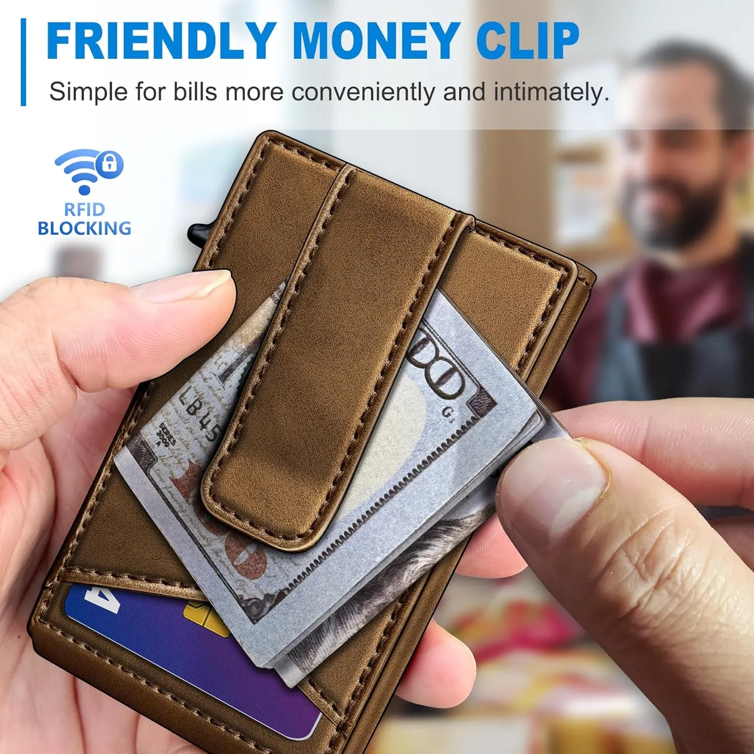 Airtag Wallet for Men,with Money Clip Gift Boxed,Slim Front Pocket Wallet RFID Blocking Metal Case Smart Pop-up Credit Card Holder in Magnetic Leather Flip