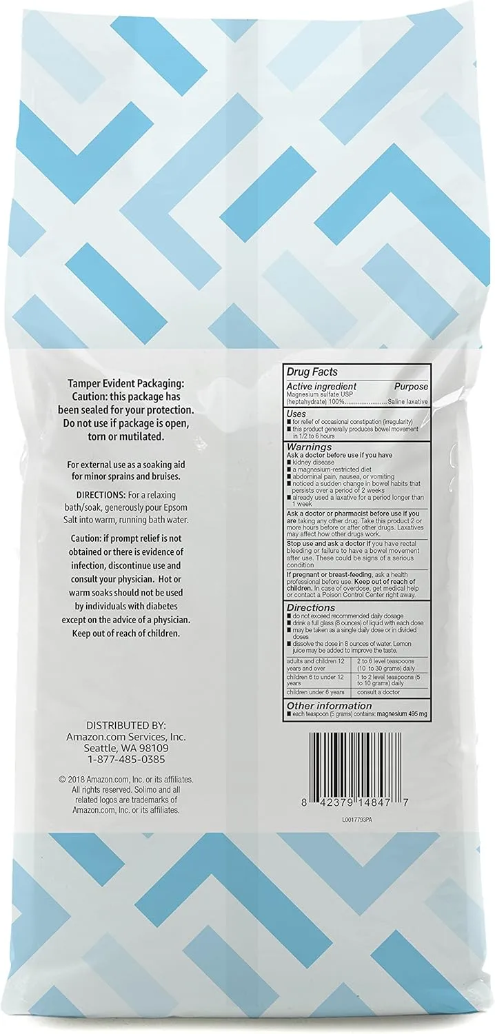 Amazon Brand - Solimo Epsom Salt Soak, Magnesium Sulfate USP, Unscented, 8 pound (Pack of 3)