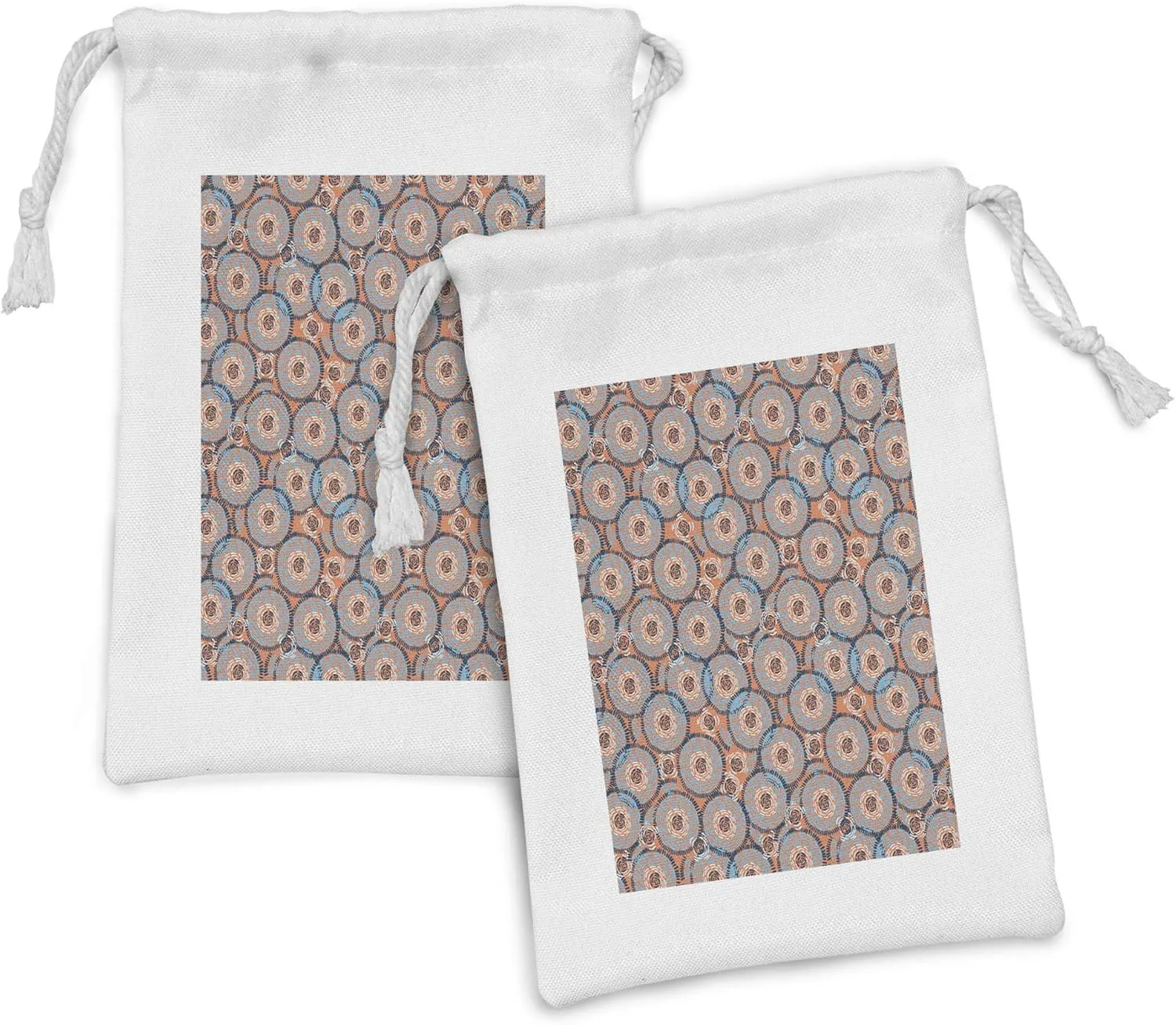 Ambesonne Abstract Fabric Pouch Set of 2, Concentric Circles Hand Drawn with Dashes, Small Drawstring Bag for Toiletries Masks and Favors, 9" x 6", Dark Peach Sky Blue