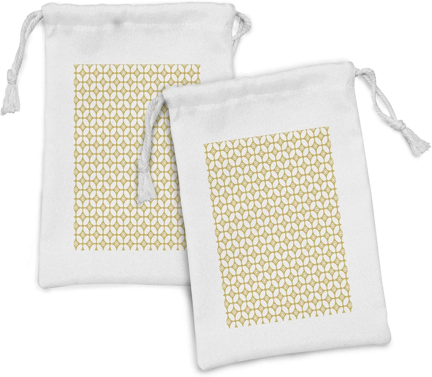 Ambesonne Abstract Fabric Pouch Set of 2, Continuing Print of Flower Round Motifs Concentric Circles, Small Drawstring Bag for Toiletries Masks and Favors, 9" x 6", Pale Earth Yellow White