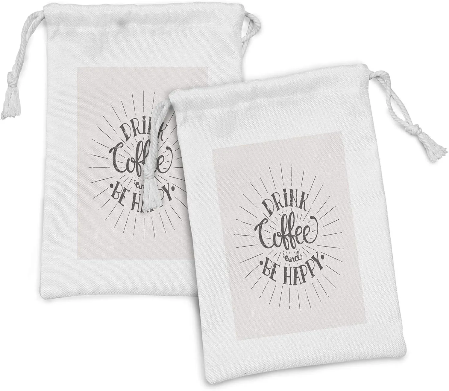 Ambesonne Be Happy Fabric Pouch Set of 2, Drink Coffee and Be Happy Words with Grunge Effect on Pastel Backdrop, Small Drawstring Bag for Toiletries Masks and Favors, 9" x 6", Dark Taupe and Eggshell