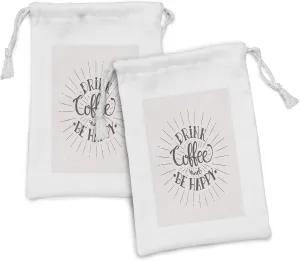Ambesonne Be Happy Fabric Pouch Set of 2, Drink Coffee and Be Happy Words with Grunge Effect on Pastel Backdrop, Small Drawstring Bag for Toiletries Masks and Favors, 9" x 6", Dark Taupe and Eggshell