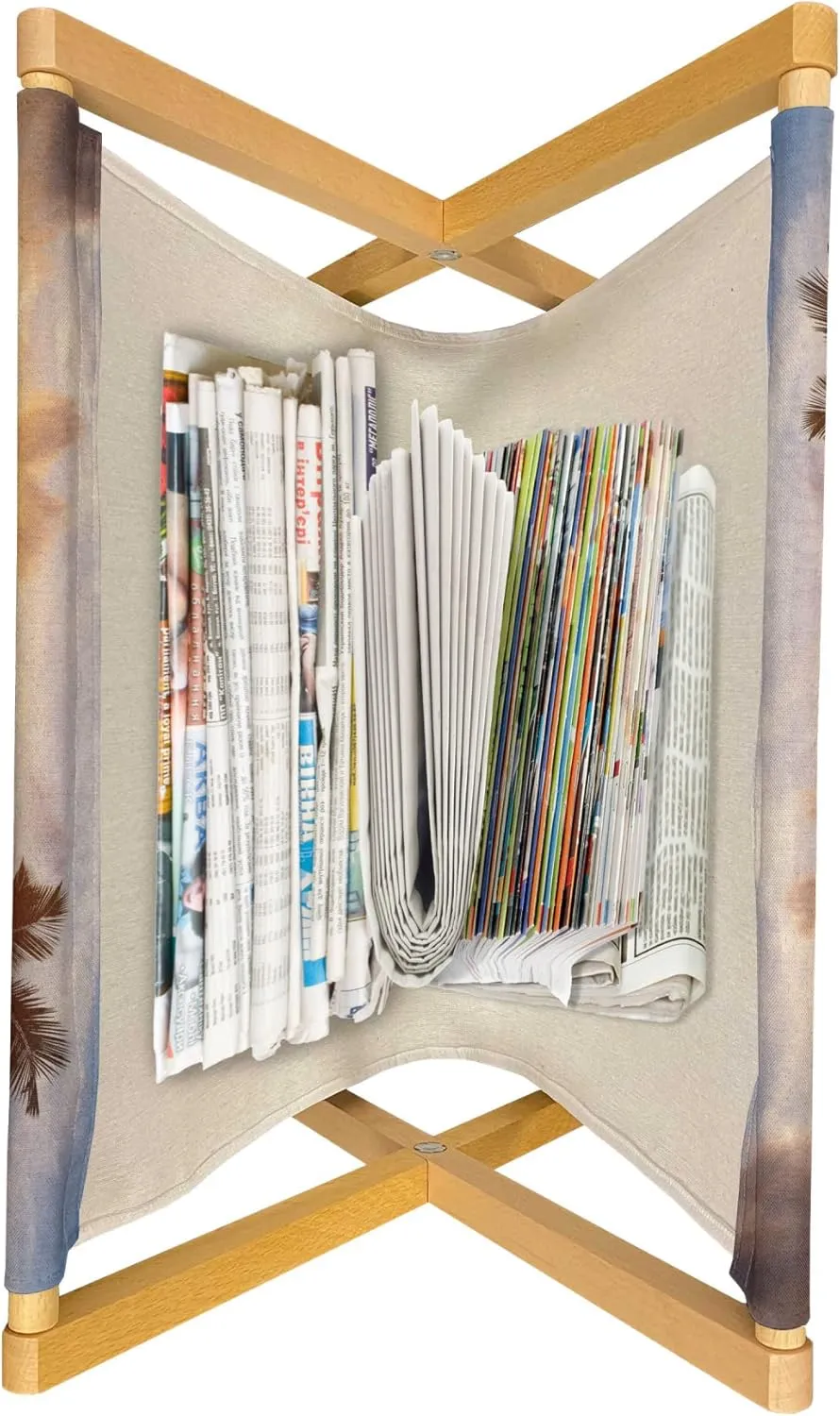 Ambesonne Beach Magazine and Book Holder, Palm Trees in Tropical Island Beach Jumping Fishes and Majestic Sunset Image, Floor Rack Accent Living Room Office and School, 22" x 19", Yellow Bluegrey