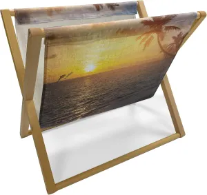 Ambesonne Beach Magazine and Book Holder, Palm Trees in Tropical Island Beach Jumping Fishes and Majestic Sunset Image, Floor Rack Accent Living Room Office and School, 22" x 19", Yellow Bluegrey