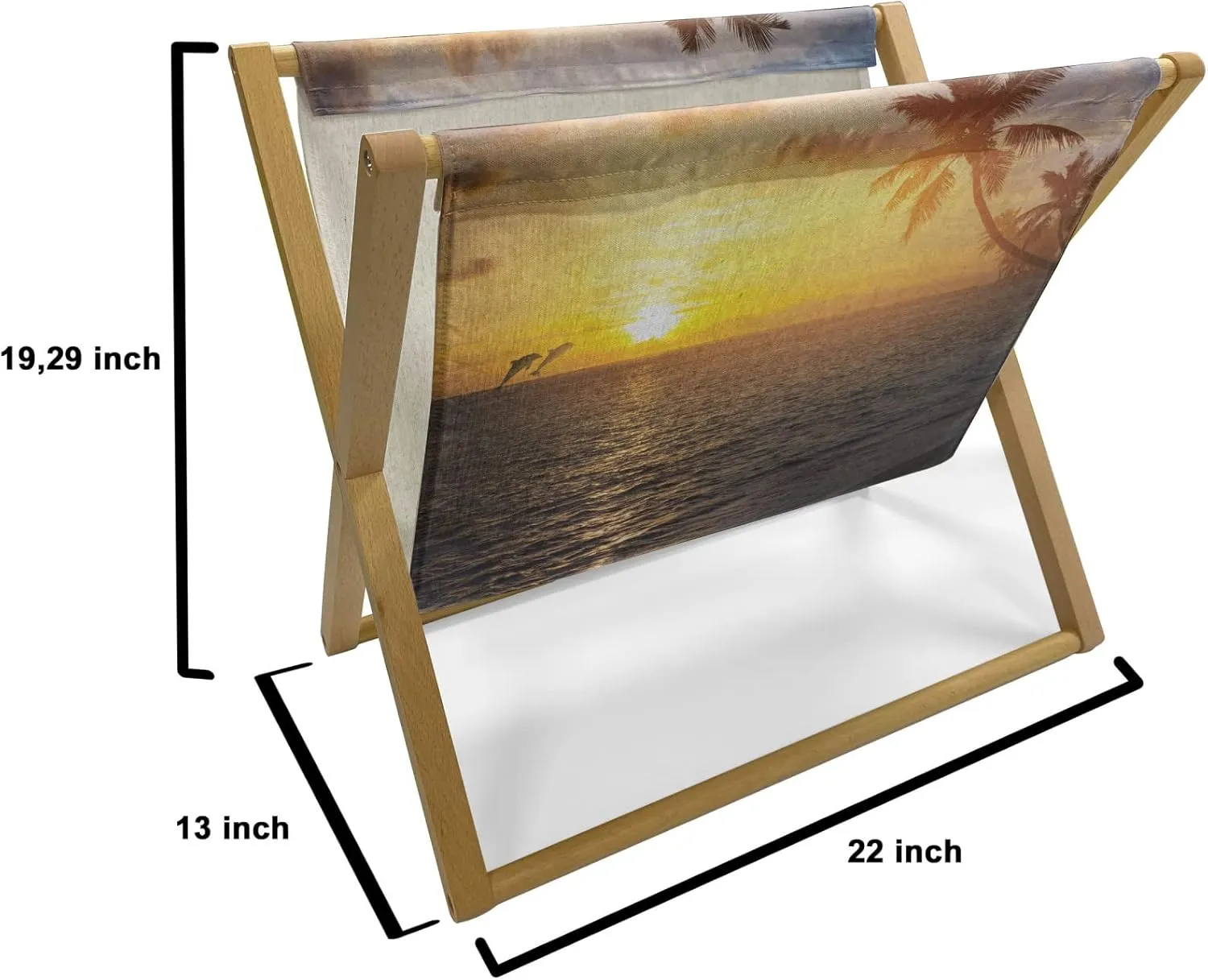 Ambesonne Beach Magazine and Book Holder, Palm Trees in Tropical Island Beach Jumping Fishes and Majestic Sunset Image, Floor Rack Accent Living Room Office and School, 22" x 19", Yellow Bluegrey