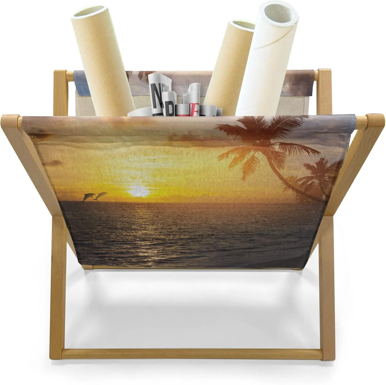 Ambesonne Beach Magazine and Book Holder, Palm Trees in Tropical Island Beach Jumping Fishes and Majestic Sunset Image, Floor Rack Accent Living Room Office and School, 22" x 19", Yellow Bluegrey