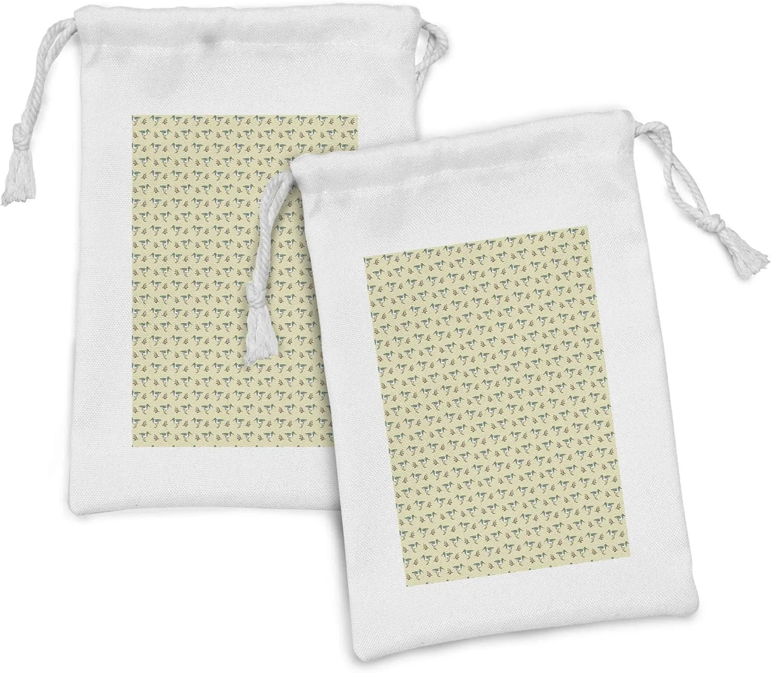 Ambesonne Bird Fabric Pouch Set of 2, Pastel Shorebird Flying Animals with Branches Leaves Childish Design Repetition, Small Drawstring Bag for Toiletries Masks and Favors, 9" x 6", Pale Green Red