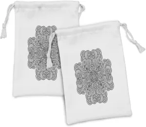 Ambesonne Celtic Fabric Pouch Set of 2, Mediaeval Celtic Rotary Heraldic Design with Squared Shape in the Centre Retro Art, Small Drawstring Bag for Toiletries Masks and Favors, 9" x 6", Black White