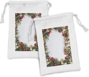 Ambesonne Christmas Fabric Pouch Set of 2, Dressed New Year Tree Bedizen Garnished Fir Needles Spruce Yuletide Border Print, Small Drawstring Bag for Toiletries Masks and Favors, 9" x 6", Multicolor