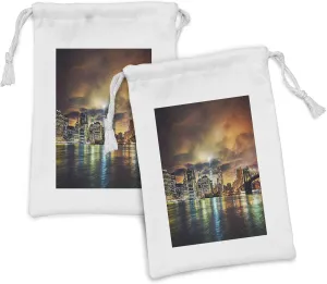 Ambesonne City Fabric Pouch Set of 2, Fantasy Dramatic Sky in New York at Nighttime Stormy Sunset Vibrant Water Reflections, Small Drawstring Bag for Toiletries Masks and Favors, 9" x 6", Multicolor
