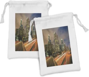 Ambesonne City Fabric Pouch Set of 2, Slow Shutter Speed Photography of Los Angeles Highway Skyscrapers Motion Blur, Small Drawstring Bag for Toiletries Masks and Favors, 9" x 6", Multicolor