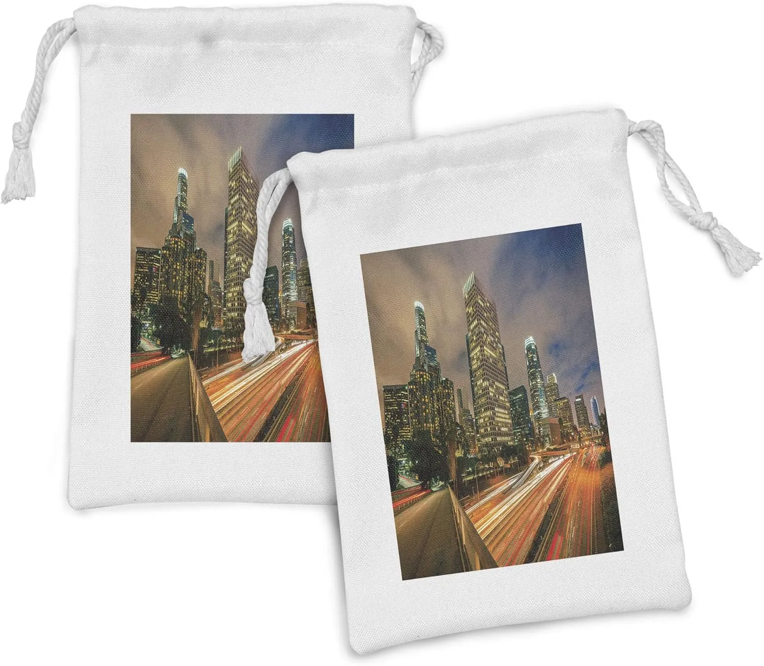 Ambesonne City Fabric Pouch Set of 2, Slow Shutter Speed Photography of Los Angeles Highway Skyscrapers Motion Blur, Small Drawstring Bag for Toiletries Masks and Favors, 9" x 6", Multicolor