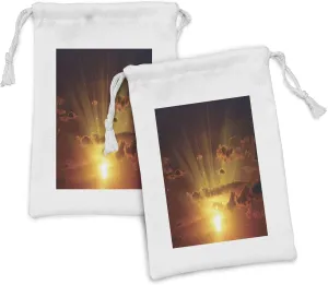 Ambesonne Clouds Fabric Pouch Set of 2, Dramatic Burning Sunset in the Sky Daily Disappearance Twilight Rotation Mystic Picture, Small Drawstring Bag for Toiletries Masks and Favors, 9" x 6", Orange