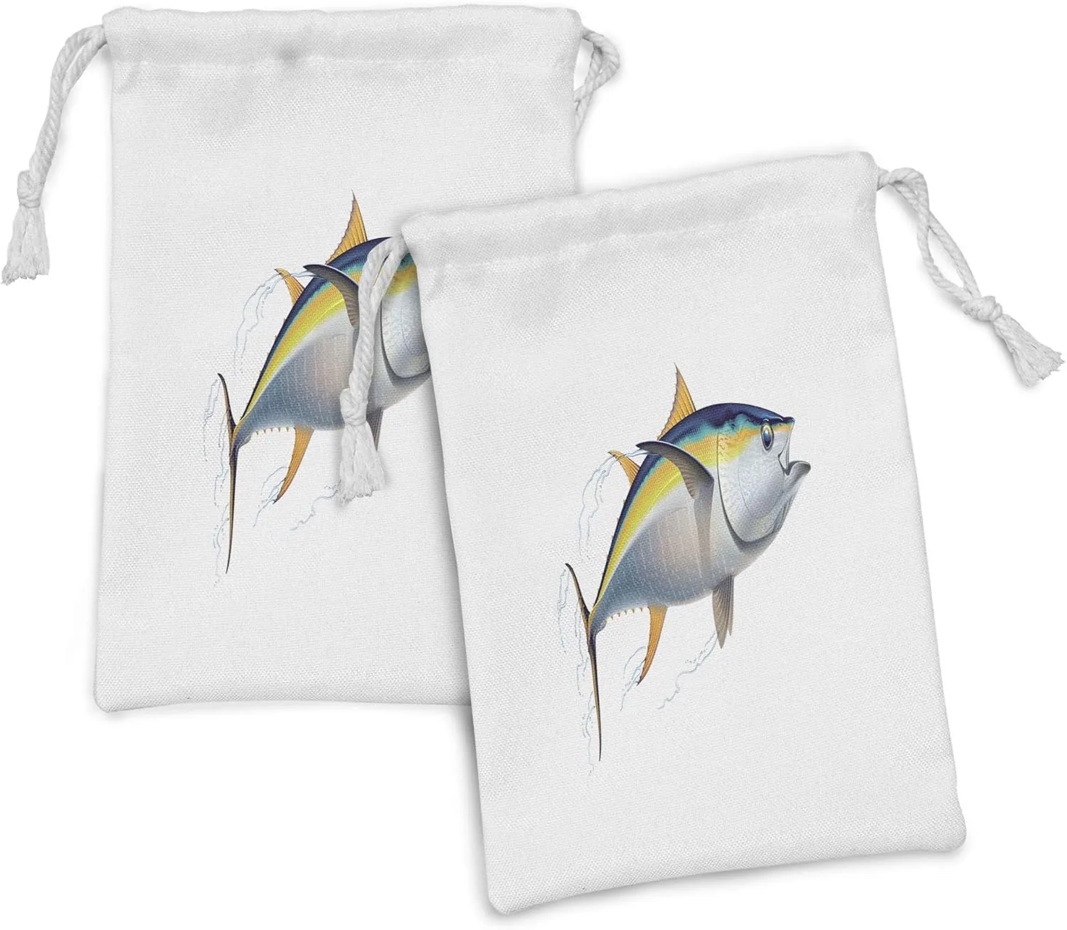 Ambesonne Fish Fabric Pouch Set of 2, Yellowfin Tuna Realistically Illustrated Shadows and Water Details on Fins, Small Drawstring Bag for Toiletries Masks and Favors, 9" x 6", Earth Yellow Blue