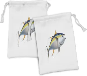 Ambesonne Fish Fabric Pouch Set of 2, Yellowfin Tuna Realistically Illustrated Shadows and Water Details on Fins, Small Drawstring Bag for Toiletries Masks and Favors, 9" x 6", Earth Yellow Blue