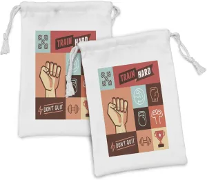 Ambesonne Fitness Fabric Pouch Set of 2, Gym Trainings Achievement Victory Strength Determination Don't Quit Phrase, Small Drawstring Bag for Toiletries Masks and Favors, 9" x 6", Multicolor