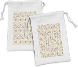 Ambesonne Garden Art Fabric Pouch Set of 2, Thriving Botany Themed Spring Peony Blossoms and Buds on Off White Background, Small Drawstring Bag for Toiletries Masks and Favors, 9" x 6", Multicolor