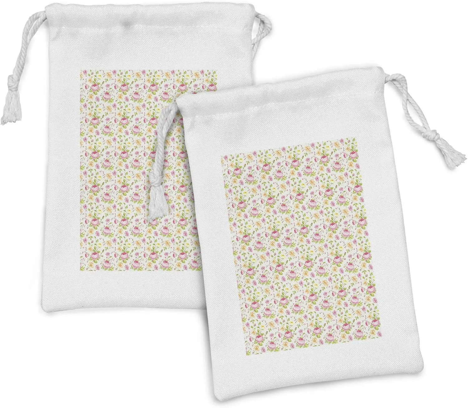 Ambesonne Garden Art Fabric Pouch Set of 2, Thriving Botany Themed Spring Peony Blossoms and Buds on Off White Background, Small Drawstring Bag for Toiletries Masks and Favors, 9" x 6", Multicolor