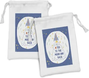 Ambesonne I Love You to the Moon and Back Fabric Pouch Set of 2, Rocket Space Travel Cloud Stars Crater Moon, Small Drawstring Bag for Toiletries Masks and Favors, 9" x 6", Dark Sky Blue Multicolor