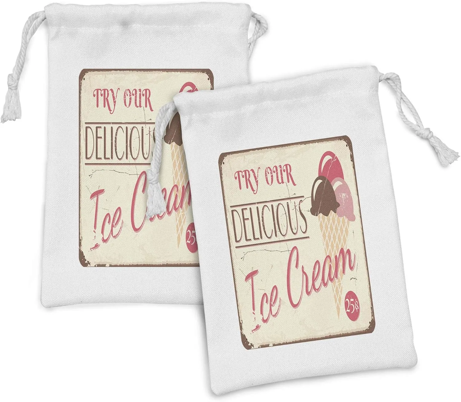 Ambesonne Ice Cream Fabric Pouch Set of 2, Try Our Delicious Ice Cream Logo Pop Art Style Advertisement Graphic Print, Small Drawstring Bag for Toiletries Masks and Favors, 9" x 6", Pink Cream Umber