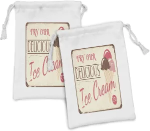 Ambesonne Ice Cream Fabric Pouch Set of 2, Try Our Delicious Ice Cream Logo Pop Art Style Advertisement Graphic Print, Small Drawstring Bag for Toiletries Masks and Favors, 9" x 6", Pink Cream Umber