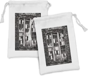 Ambesonne Industrial Fabric Pouch Set of 2, Broken Window Missing Glass Pane Derelict Blight Factory Brick Wall, Small Drawstring Bag for Toiletries Masks and Favors, 9" x 6", Charcoal Grey Pale Grey