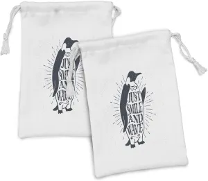 Ambesonne Inspirational Fabric Pouch Set of 2, Vintage Artwork Emperor Penguin Just Smile and Wave Words Print, Small Drawstring Bag for Toiletries Masks and Favors, 9" x 6", Black White