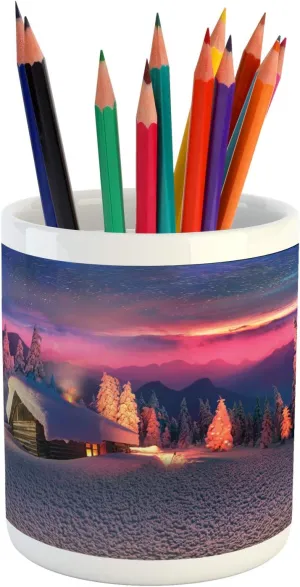Ambesonne Milky Way Pencil Pen Holder, Wild Alpine Scene with Cabin in the Woods Winter with Starry Skyline Illustration, Printed Ceramic Pencil Pen Holder for Desk Office Accessory, Multicolor