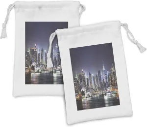 Ambesonne New York Fabric Pouch Set of 2, Manhattan Skyline at Night Skyscrapers Panoramic on Tranquil River Picture, Small Drawstring Bag for Toiletries Masks and Favors, 9" x 6", Blue and Orange