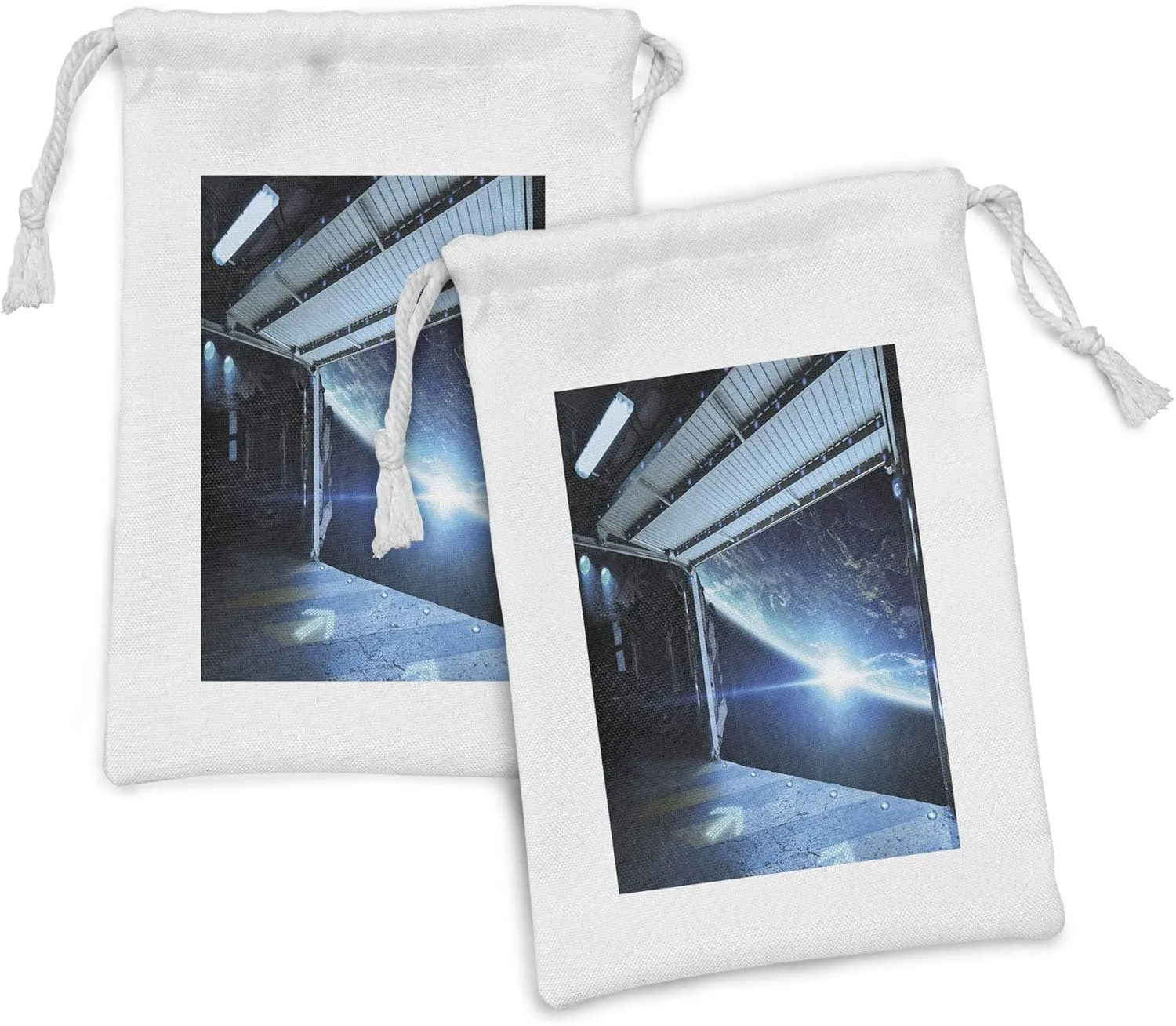 Ambesonne Outer Space Fabric Pouch Set of 2, Interstellar Airlock Shuttle Runway Journey to the Stars Invasion View Sci-Fi, Small Drawstring Bag for Toiletries Masks and Favors, 9" x 6", Grey Blue