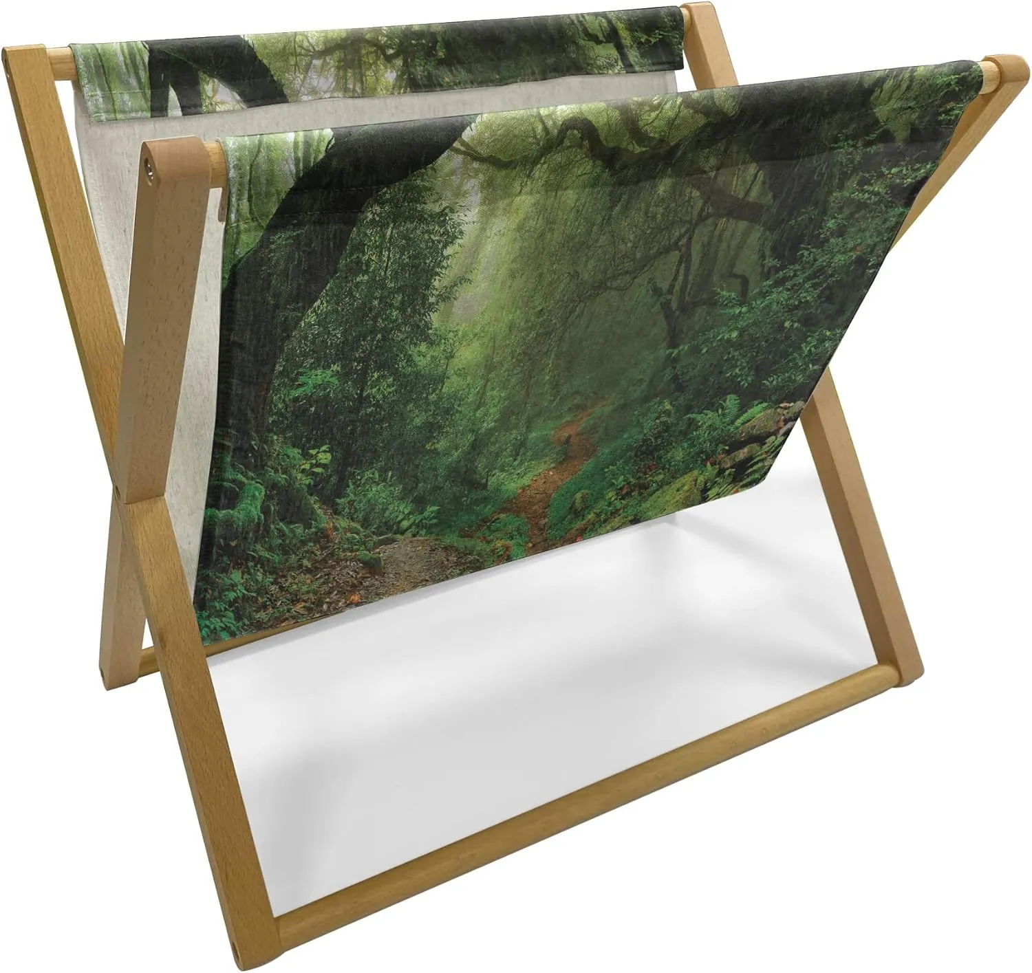 Ambesonne Rainforest Magazine and Book Holder, Forest in Nepal Touristic Trekking Branches Misty Road Fresh Air Outdoors Theme, Floor Rack Accent Living Room Office and School, 22" x 19", Green Brown